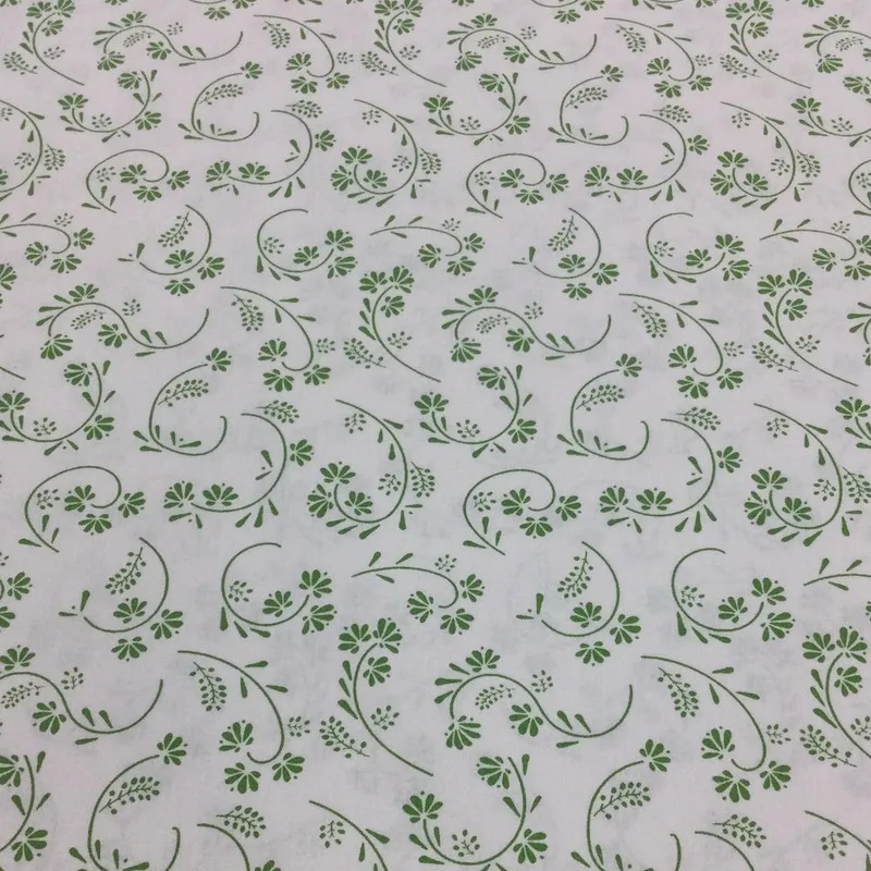 Bavlnená látka Zelené kvety na stonke na bielom podklade