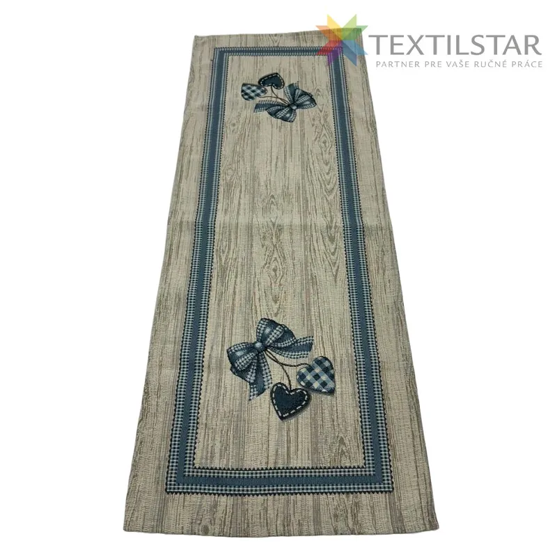 Dekoračné obrusy, behúne, Bytový textil a dekorácie - Gobelínová štóla na stôl 40x100 - Modré srdcia na dreve