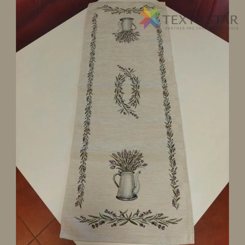 Bytový textil a dekorácie, Dekoračné obrusy, behúne - Gobelínový behúň na stôl chenille 40x100 Levanduľa a krhla