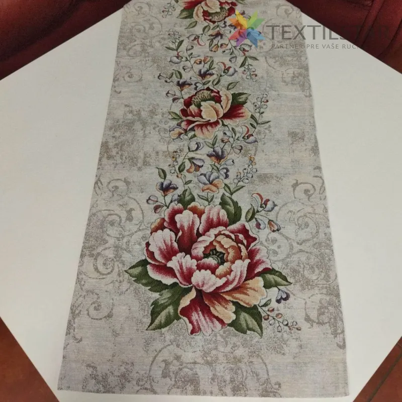 Bytový textil a dekorácie, Dekoračné obrusy, behúne - Gobelínový behúň na stôl chenille 45x140 Červené kvety