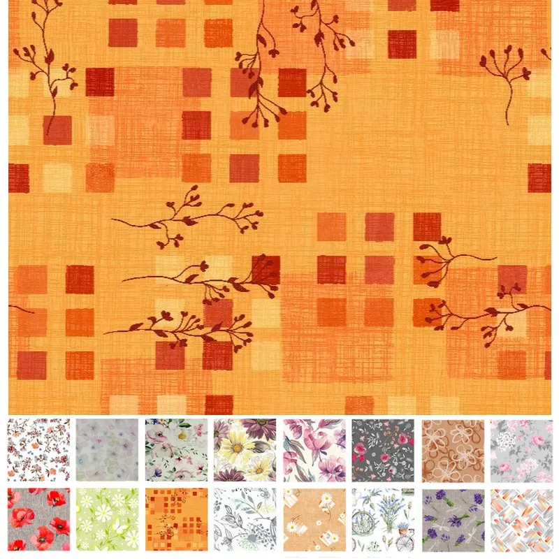 Teflónové obrusy, Obrusy na stoly, Bytový textil a dekorácie - Obrus odolný voči škvrnám 120x140 cm Štvorčeky a kvietky- oranžová