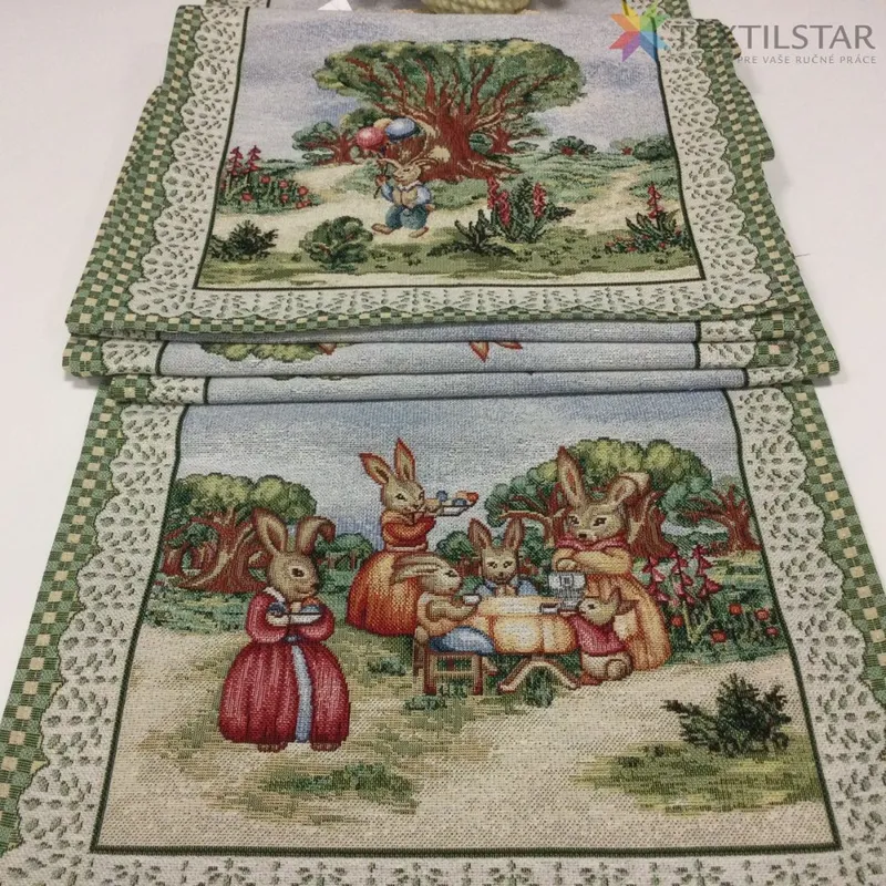 Veľkonočné obrusy, Dekoračné obrusy, behúne, Bytový textil a dekorácie - Veľkonočná gobelínová štóla na stôl 40x100 - Zajace na lúke