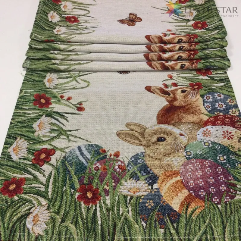 Bytový textil a dekorácie, Veľkonočné obrusy, Dekoračné obrusy, behúne - Veľkonočná gobelínová štóla na stôl 40x100 - Zajace v tráve