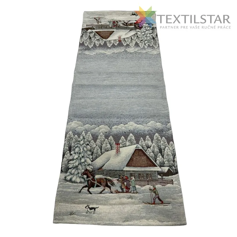 Dekoračné obrusy, behúne, Bytový textil a dekorácie, Vianočné obrusy - Vianočný gobelínový behúň na stôl chenille  40x100 zimná krajinka a kone