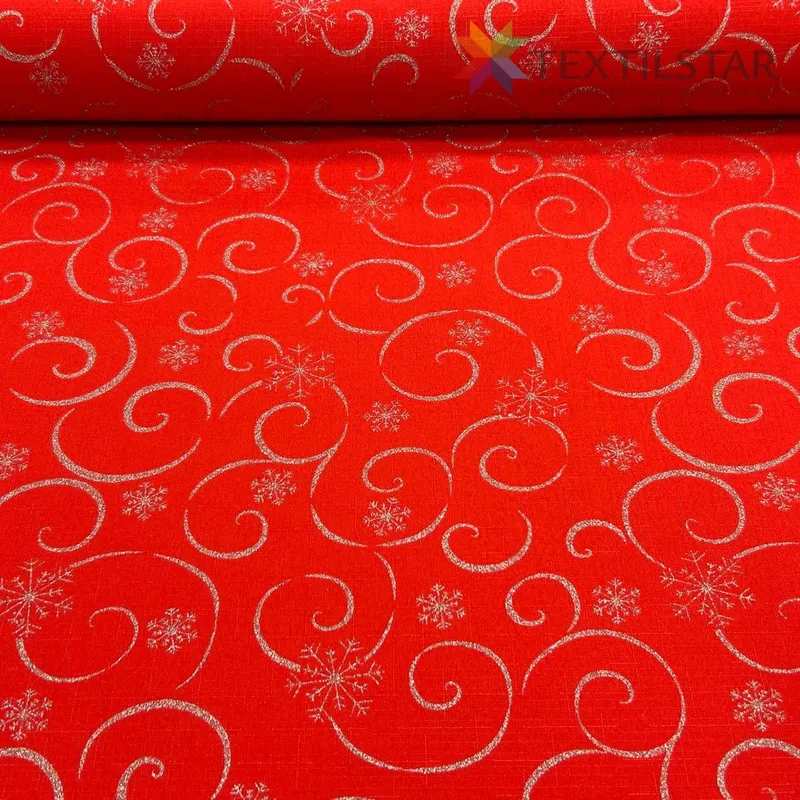 Látky metráž, teflónové obrusy - metráž - Vianočný obrus teflónový šírka 155cm vločky a ornamenty - červená